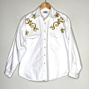 🌺 Vintage 80's Zone Blu Western Shirt Button Down Gold Applique Size XL